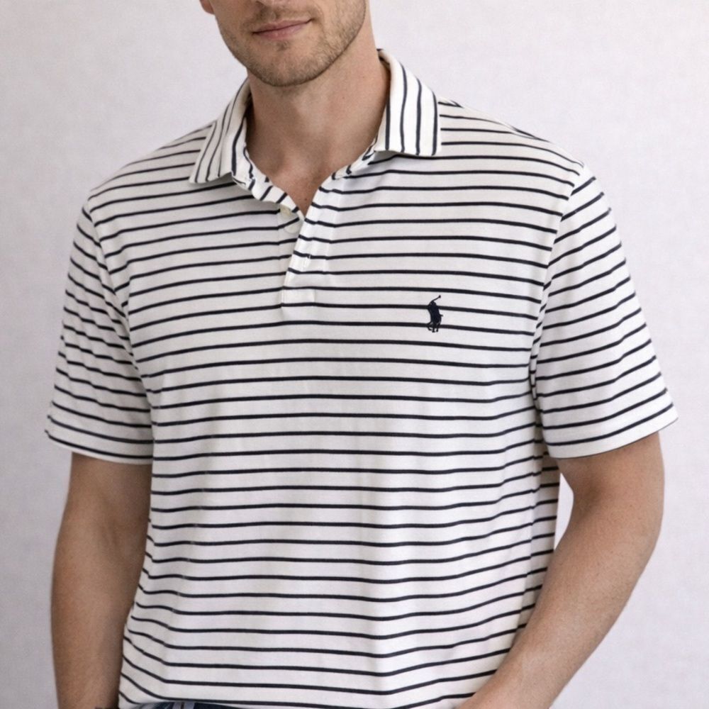 Ralph Lauren Polo Shirt Size L Mens White Striped Short Sleeved Polo Shirt